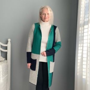 Noisy May Teal Gray Navy Color Block Knee Length Cardigan Duster Long Sleeve SM